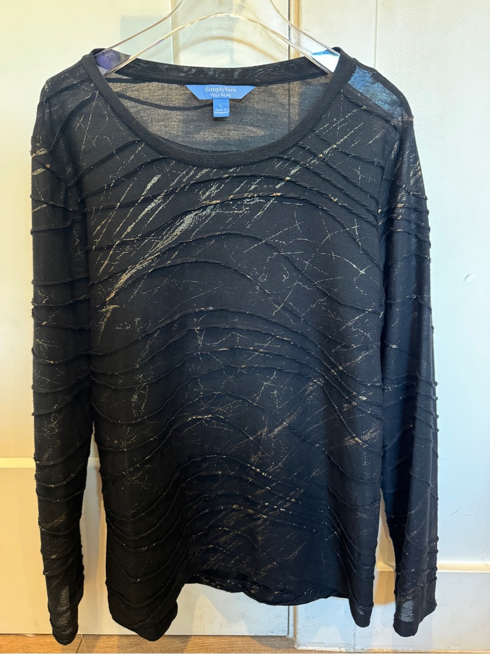 Simply Vera Vera Wang Black Textured Pintuck Long Sleeve Top Size L, NWOT!